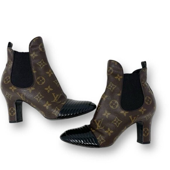 Louis Vuitton Monogram Revival Heel Ankle Boots Canvas Leather Brown Black EU 37 - Picture 2 of 8